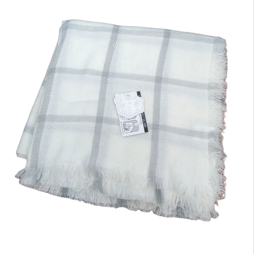 Essential Fall White & Gray Windowpane Plaid Oversized Blanket Scarf Fringe Trim